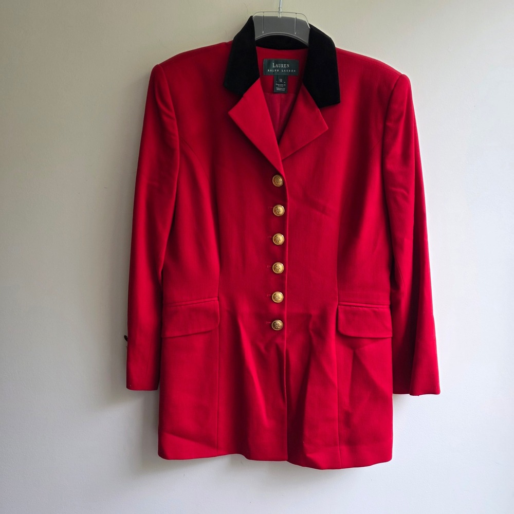 Lauren Ralph Lauren Vintage Red Equestrian Blazer Velvet Collar Gold Button 12